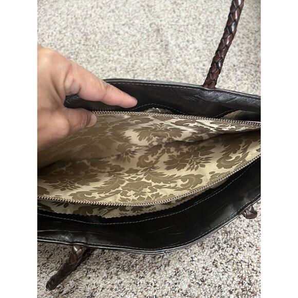 Falor Le Borse Purse Leather Brown 2 Woven 10" Handles Zip Made in Italy - Picture 6 of 13